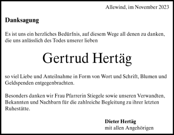 Traueranzeige von Gertrud Hertäg von Heidenheimer Zeitung