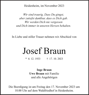Traueranzeige von Josef Braun von Heidenheimer Zeitung