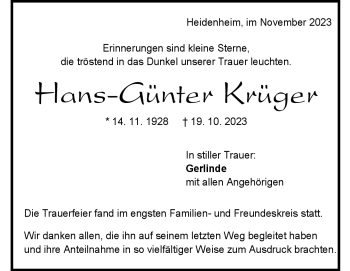 Traueranzeige von Hans-Günter Krüger von Heidenheimer Zeitung