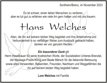 Traueranzeige von Hans Welches von Heidenheimer Zeitung