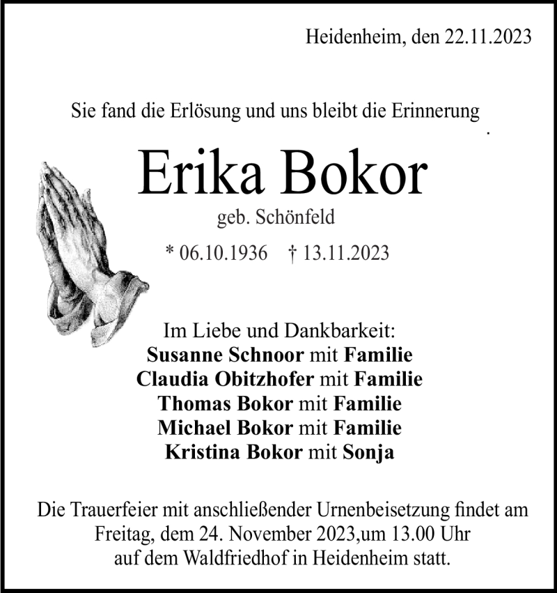  Traueranzeige für Erika Bokor vom 22.11.2023 aus Heidenheimer Zeitung
