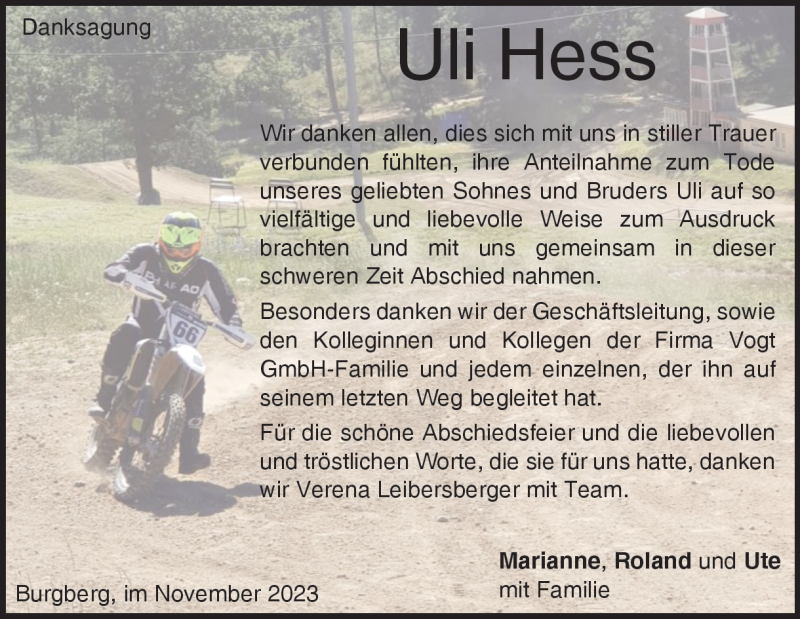  Traueranzeige für Uli Hess vom 25.11.2023 aus Heidenheimer Zeitung