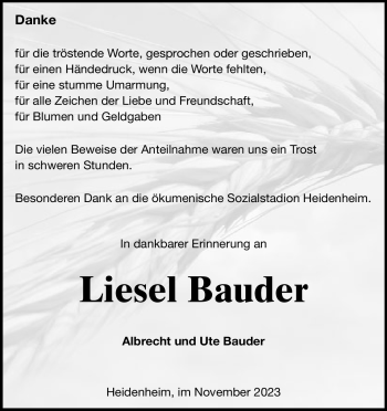 Traueranzeige von Liesel Bauder von Heidenheimer Zeitung