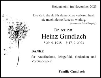 Traueranzeige von Heinz Gundlach von Heidenheimer Zeitung