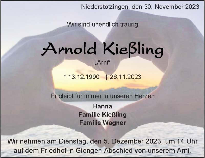  Traueranzeige für Arnold Kießling vom 30.11.2023 aus Heidenheimer Zeitung