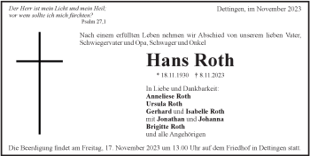 Traueranzeige von Hans Roth von Heidenheimer Zeitung