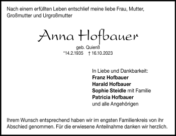 Traueranzeige von Anna Hofbauer von Heidenheimer Zeitung