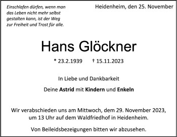 Traueranzeige von Hans Glöckner von Heidenheimer Zeitung