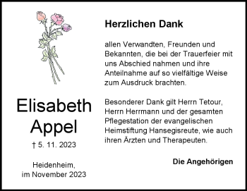 Traueranzeige von Elisabeth Appel von Heidenheimer Zeitung