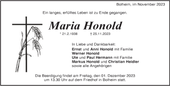 Traueranzeige von Maria Honold von Heidenheimer Zeitung