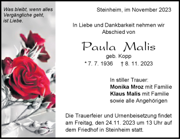 Traueranzeige von Paula Malis von Heidenheimer Zeitung