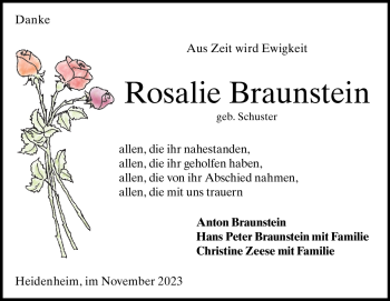 Traueranzeige von Rosalie Braunstein von Heidenheimer Zeitung