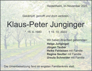 Traueranzeige von Klaus-Peter Junginger von Heidenheimer Zeitung