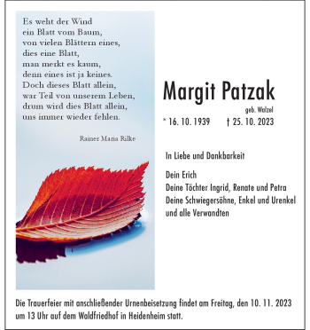Traueranzeige von Margit Patzak von Heidenheimer Zeitung