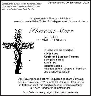 Traueranzeige von Theresia Starz von Heidenheimer Zeitung