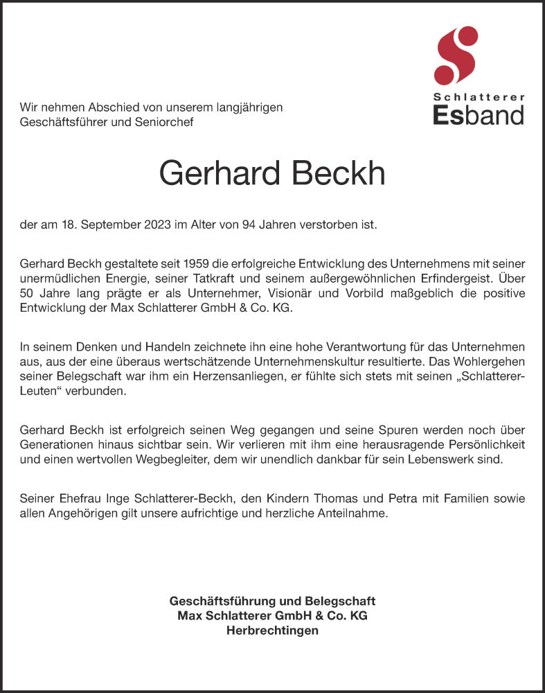  Traueranzeige für Gerhard Beckh vom 22.09.2023 aus Heidenheimer Zeitung