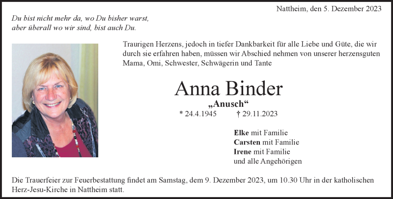  Traueranzeige für Anna Binder vom 05.12.2023 aus Heidenheimer Zeitung