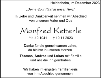 Traueranzeige von Manfred Ketterle von Heidenheimer Zeitung