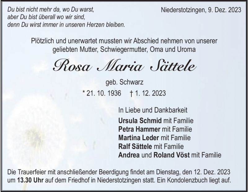  Traueranzeige für Rosa Maria Sättele vom 09.12.2023 aus Heidenheimer Zeitung