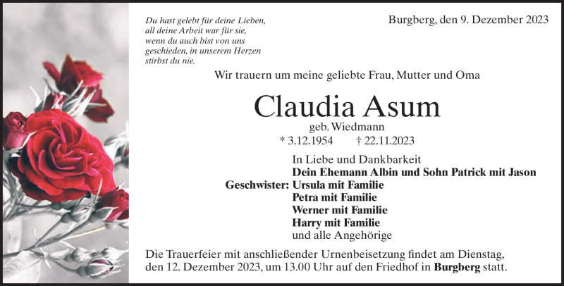  Traueranzeige für Claudia Asum vom 09.12.2023 aus Heidenheimer Zeitung