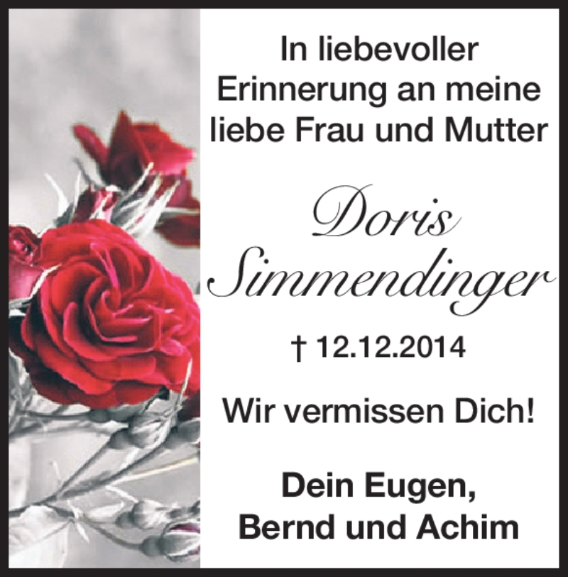  Traueranzeige für Doris Simmendinger vom 12.12.2023 aus Heidenheimer Zeitung