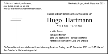 Traueranzeige von Hugo Hartmann von Heidenheimer Zeitung