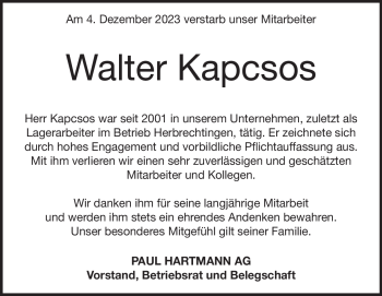Traueranzeige von Walter Kapcsos von Heidenheimer Zeitung