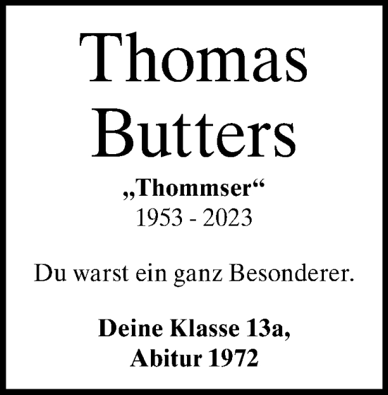 Traueranzeige von Thomas Butters von Heidenheimer Zeitung