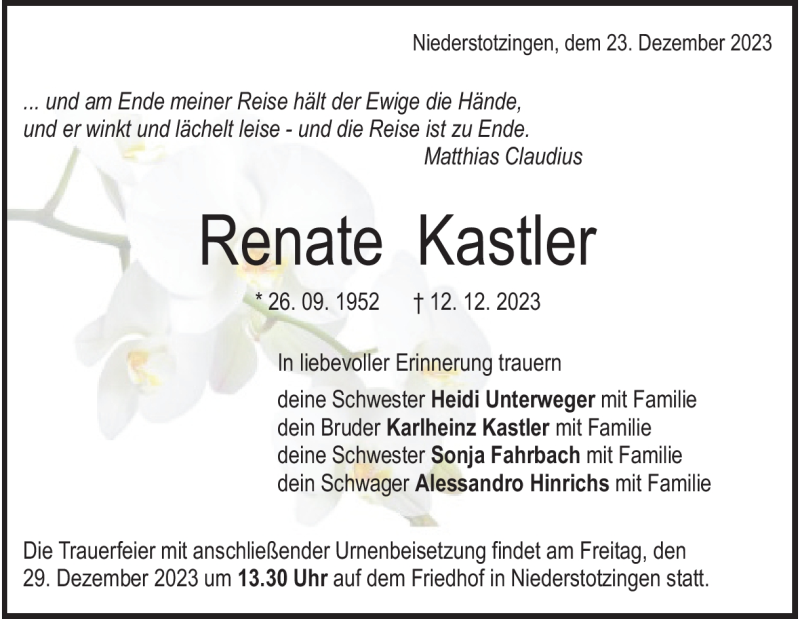  Traueranzeige für Renate Kastler vom 23.12.2023 aus Heidenheimer Zeitung