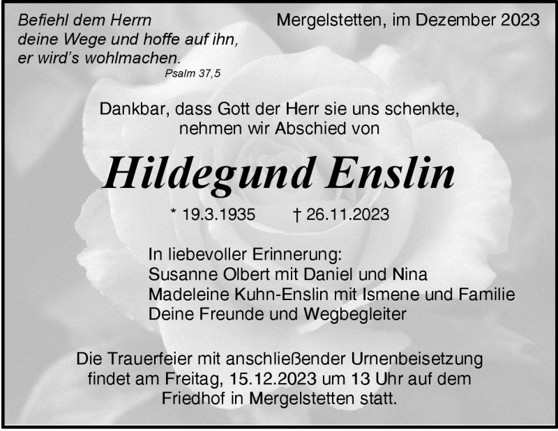  Traueranzeige für Hildegund Enslin vom 11.12.2023 aus Heidenheimer Zeitung