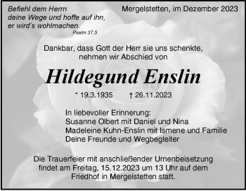 Traueranzeige von Hildegund Enslin von Heidenheimer Zeitung