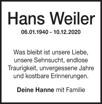 Traueranzeige von Hans Weiler von Heidenheimer Zeitung