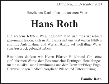 Traueranzeige von Hans Roth von Heidenheimer Zeitung