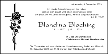 Traueranzeige von Blandina Bloching von Heidenheimer Zeitung