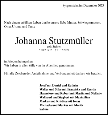 Traueranzeige von Johanna Stutzmüller von Heidenheimer Zeitung