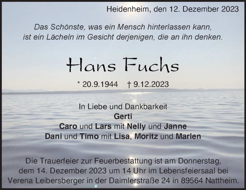  Traueranzeige für hans Fuchs vom 12.12.2023 aus Heidenheimer Zeitung
