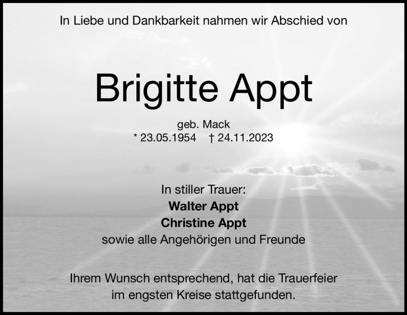 Traueranzeige für Brigitte Appt vom 12.12.2023 aus Heidenheimer Zeitung
