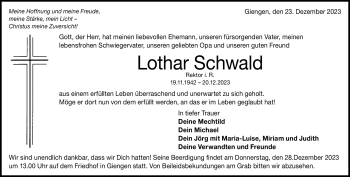 Traueranzeige von Lothar Schwald von Heidenheimer Zeitung