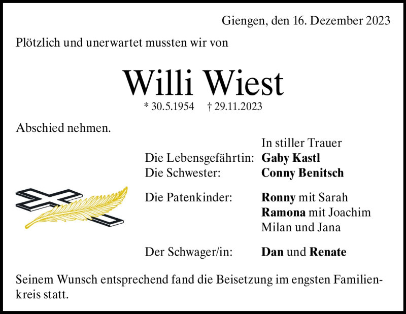  Traueranzeige für Willi Wiest vom 16.12.2023 aus Heidenheimer Zeitung