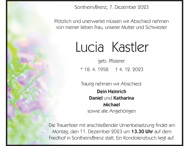  Traueranzeige für Lucia Kastler vom 07.12.2023 aus Heidenheimer Zeitung