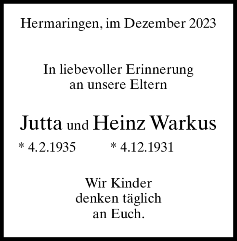  Traueranzeige für Heinz Warkus vom 06.12.2023 aus Heidenheimer Zeitung