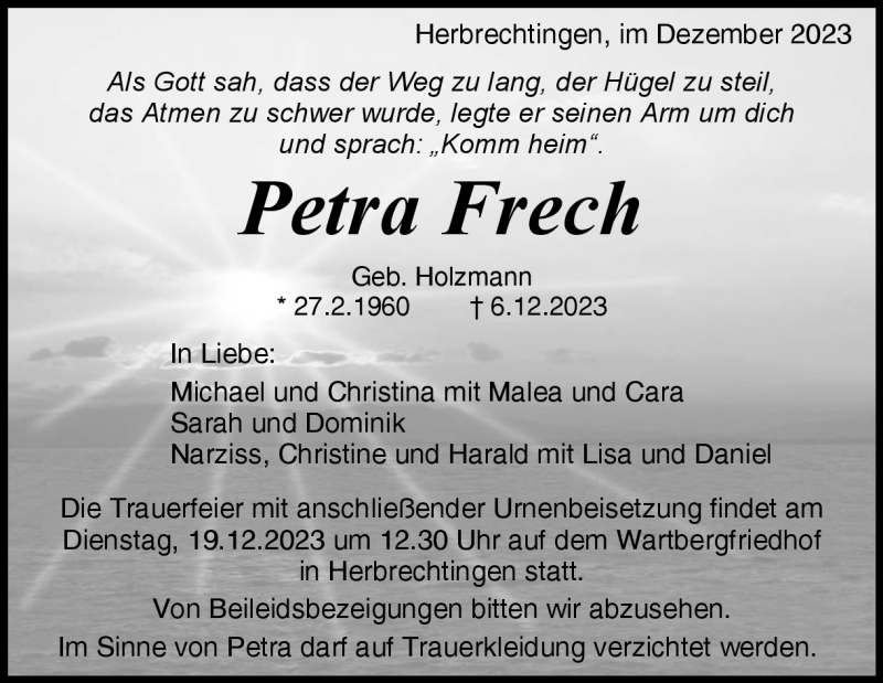  Traueranzeige für Petra Frech vom 12.12.2023 aus Heidenheimer Zeitung