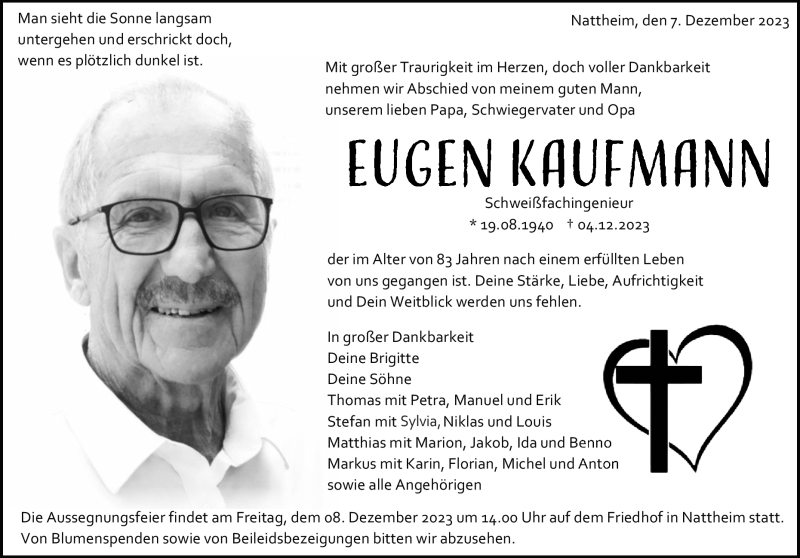  Traueranzeige für Êugen  Kaufmann vom 07.12.2023 aus Heidenheimer Zeitung