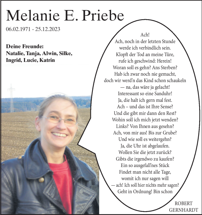  Traueranzeige für Melanie Priebe vom 28.12.2023 aus Heidenheimer Zeitung