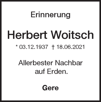 Traueranzeige von Herbert Woitsch von Heidenheimer Zeitung