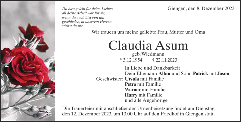  Traueranzeige für Claudia Asum vom 08.12.2023 aus Heidenheimer Zeitung