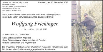 Traueranzeige von Wolfgang Frickinger von Heidenheimer Zeitung