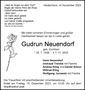 Traueranzeige von Gudrun  Neuendorf von Heidenheimer Zeitung