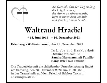 Traueranzeige von Waltraud Hradiel von Heidenheimer Zeitung