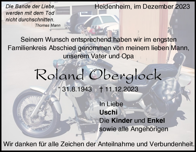  Traueranzeige für Roland Oberglock vom 30.12.2023 aus Heidenheimer Zeitung